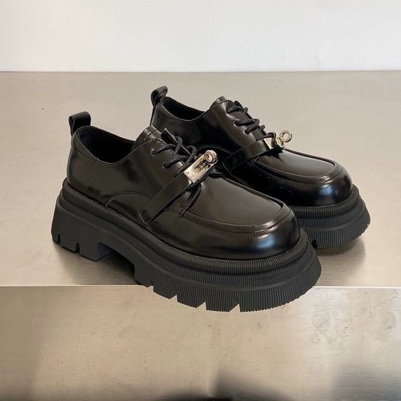 Black Metal Buckle Lace Platform Mary Jane loafers - Picture 1 of 4